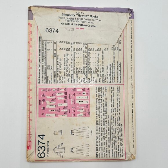 Simplicity 6374 UNCUT Mens Suit With Vest Sewing Pattern Size 36 Vintage 1974 - Picture 2 of 5